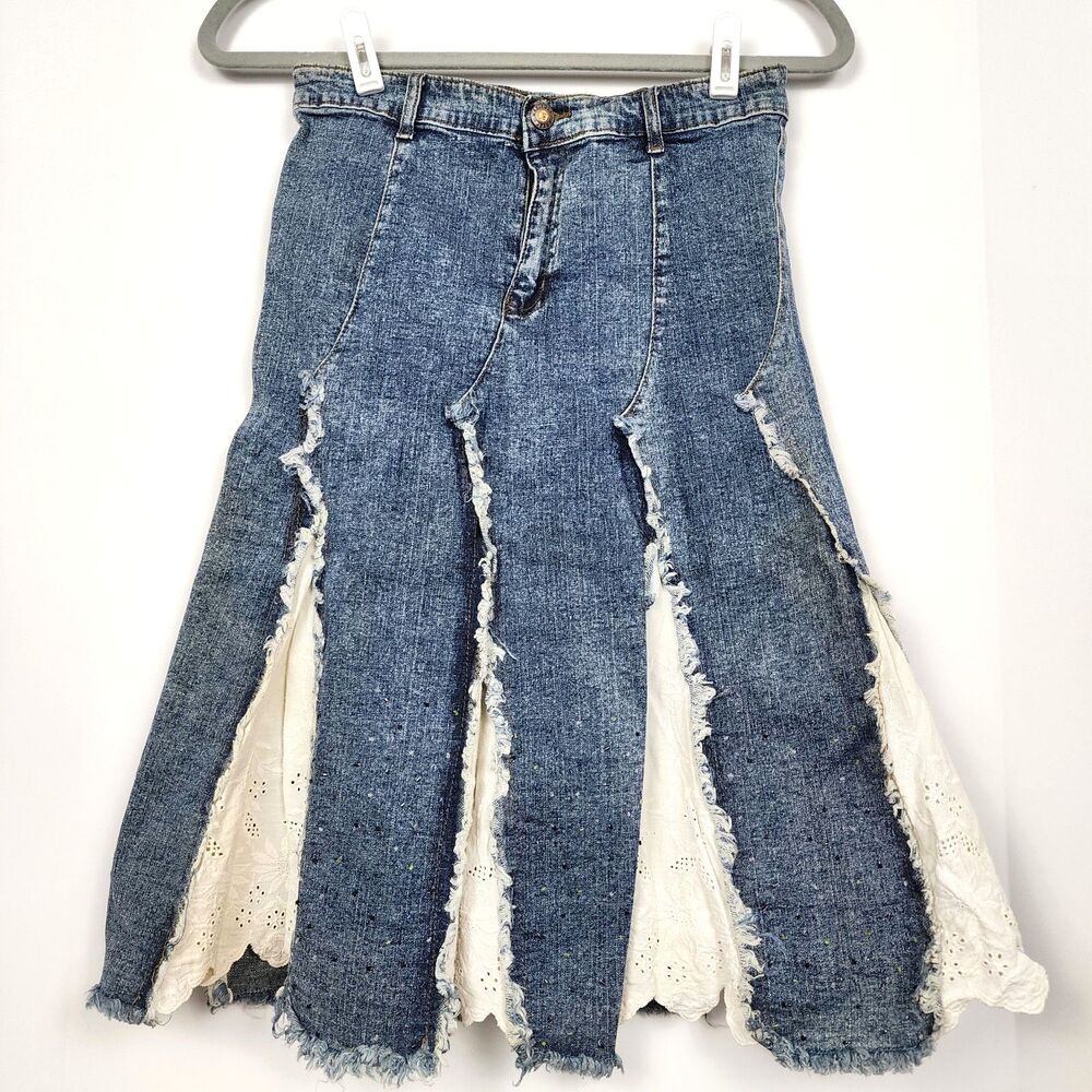 Mariposa Jeans Y2K Pleated Denim Lace Fabric Midi Skirt Acid Wash Size Medium